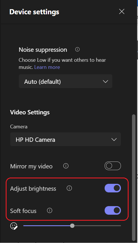 Image showing the device settings panel with a toggle for each filter switch to the on position. 