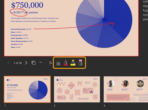 Pointer and drawing tools below current slide