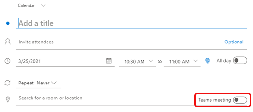 The Teams meeting toggle is on the right