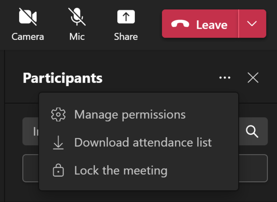 Image showing the Participants dropdown with lock meeting option.