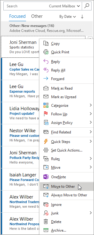 Focused Inbox in Outlook