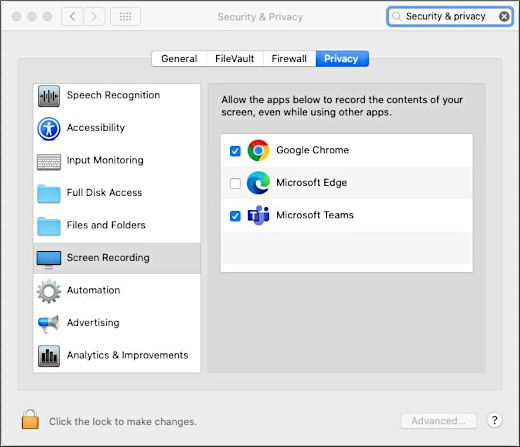 Screen recording permissions with Microsoft Teams selected