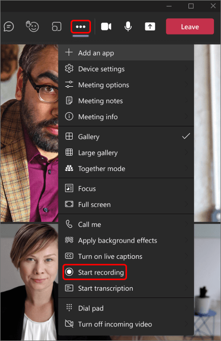Image shows how to start a recording in a Teams meeting.